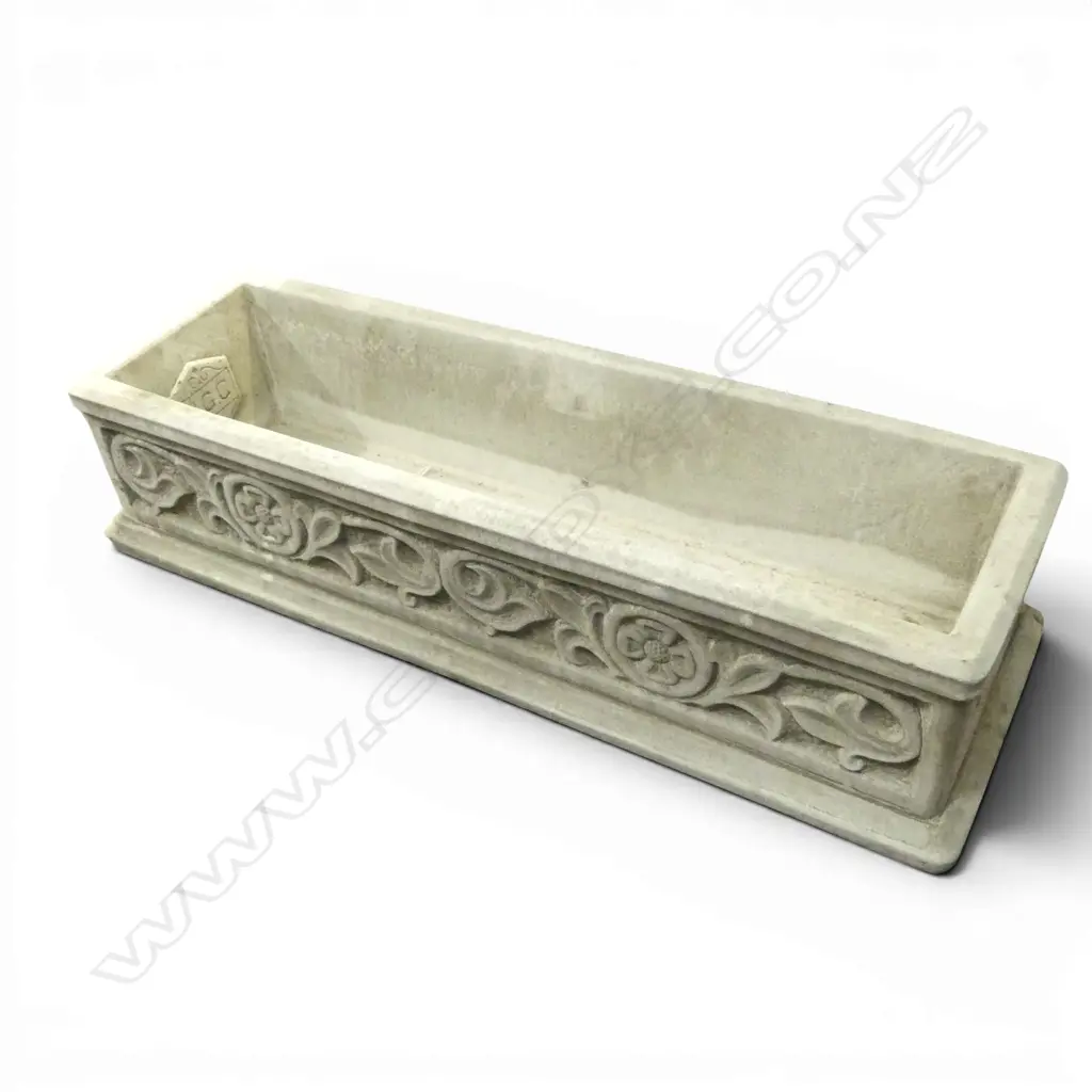 LONG CONCRETE GARDEN TROUGH - TUDOR PATTERN. WITH TYPICAL TREFOIL DETAIL. L. 770mm Image 1++