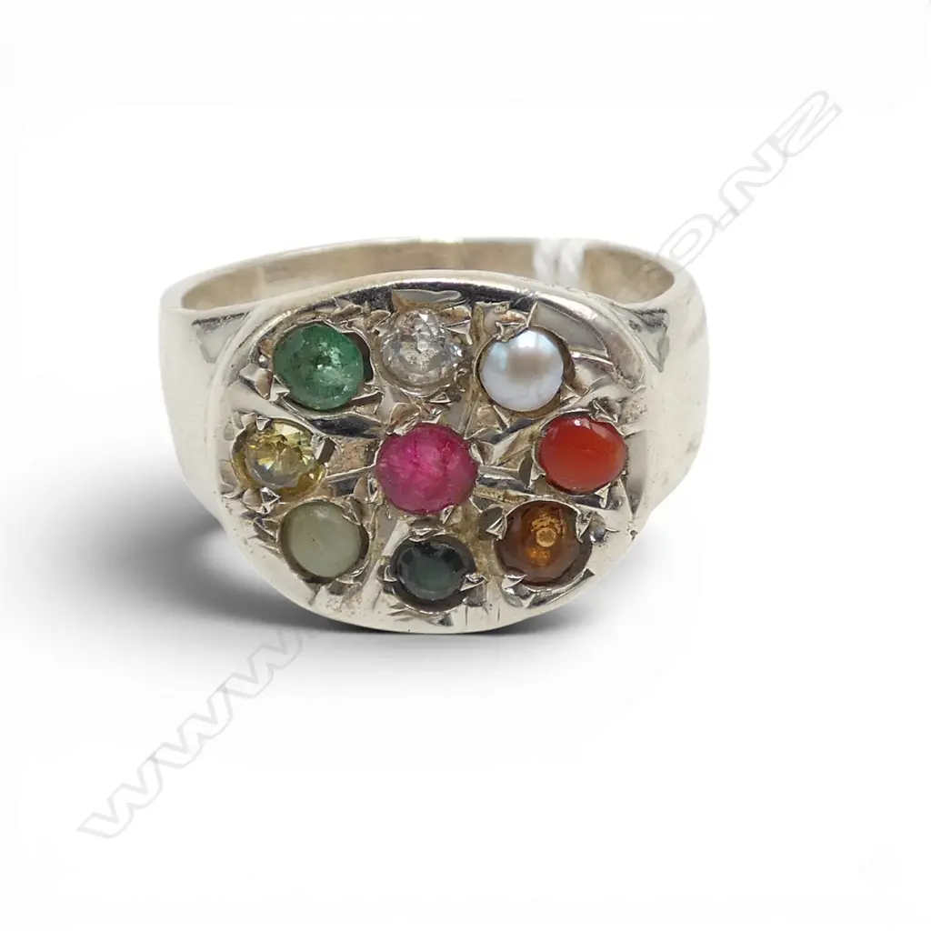 9 GEM SET SILVER RING, 9 gems believed to balance cosmic energies Image 1++