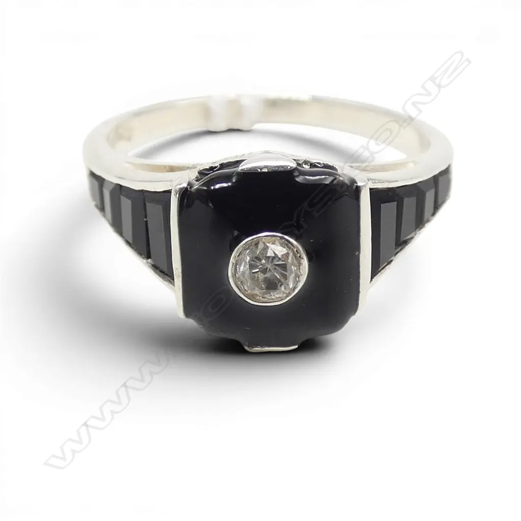 925 SILVER ROSE CUT DIAMOND/ONYX/ENAMEL RING SIZE N Image 1++