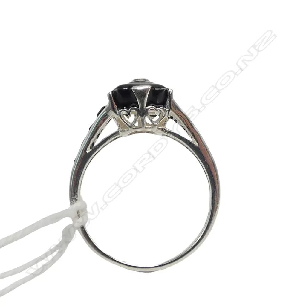 925 SILVER ROSE CUT DIAMOND/ONYX/ENAMEL RING SIZE N Image 1++