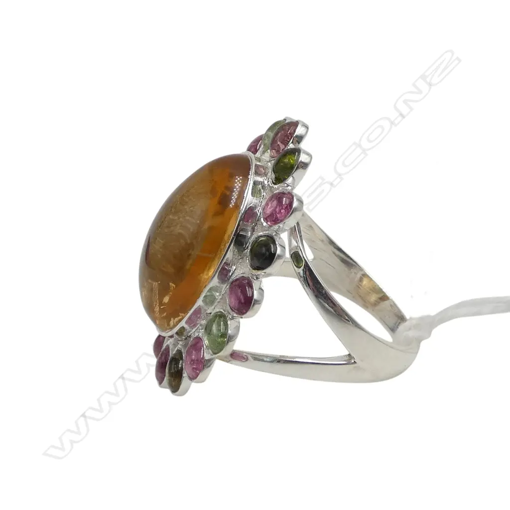 SILVER CITRINE & TOURMALINE RING SIZE R Image 1++