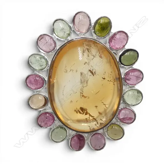 SILVER CITRINE & TOURMALINE RING SIZE R