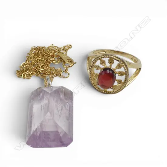 KUNZITE CRYSTAL PENDANT on SILVER GILT CHAIN & SILVER GILT RHODOLITE RING SIZE N1/2