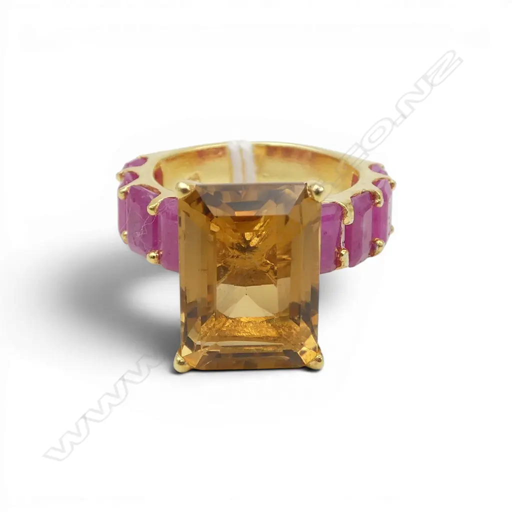 SILVER GILT CITRINE RUBY (treated) RING SIZE P Image 1++