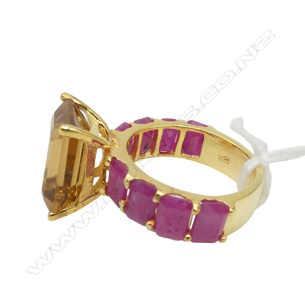 SILVER GILT CITRINE RUBY (treated) RING SIZE P Image 1++