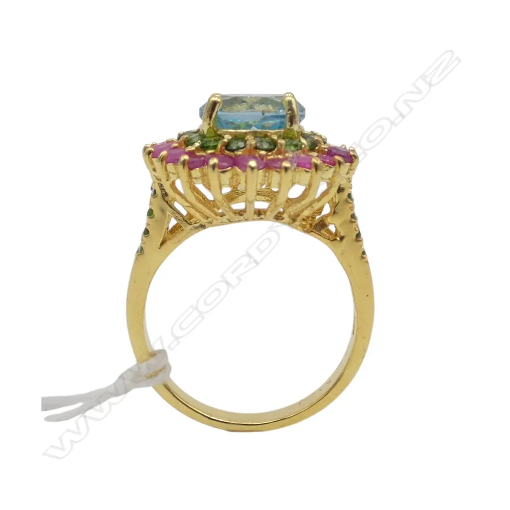 SILVER GILT BLUE TOPAZ/CHROME TOURMALINE/RUBY (treated) RING SIZE R Image 1++