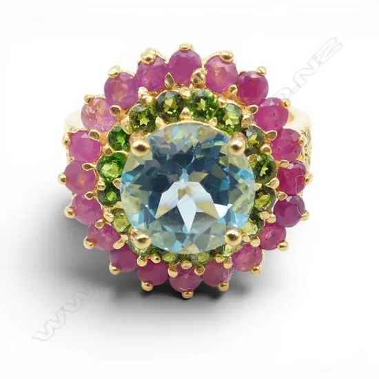 SILVER GILT BLUE TOPAZ/CHROME TOURMALINE/RUBY (treated) RING SIZE R