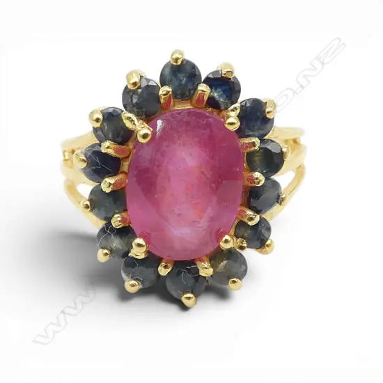SILVER GILT RUBY (treated) SAPPHIRE RING SIZE S