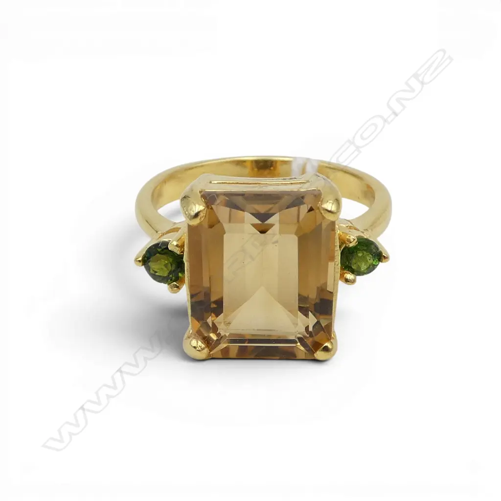 SILVER GILT CITRINE AND CHROME TOURMALINE RING SIZE P Image 1++