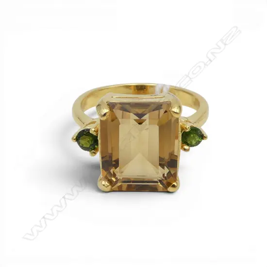 SILVER GILT CITRINE AND CHROME TOURMALINE RING SIZE P