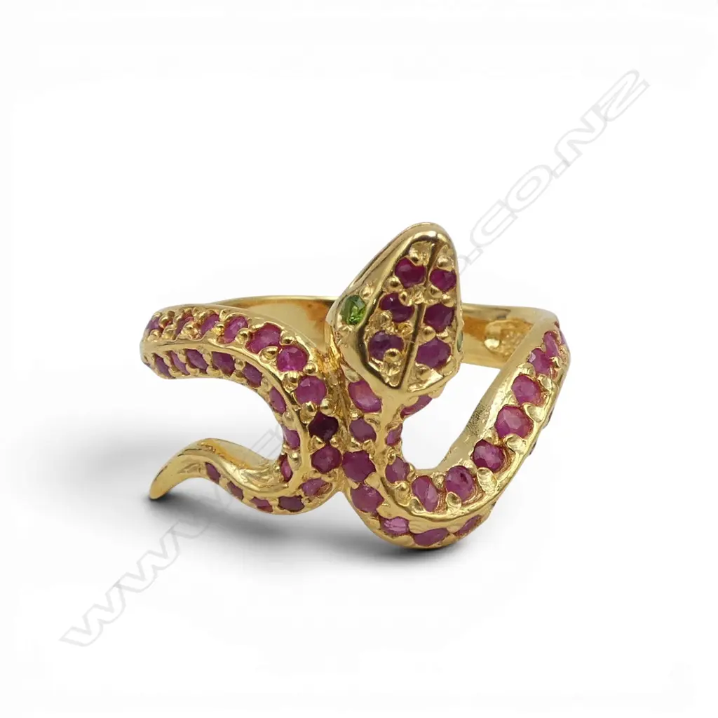 SILVER GILT RUBY (treated) AND EMERALD SNAKE RING SIZE S Image 1++