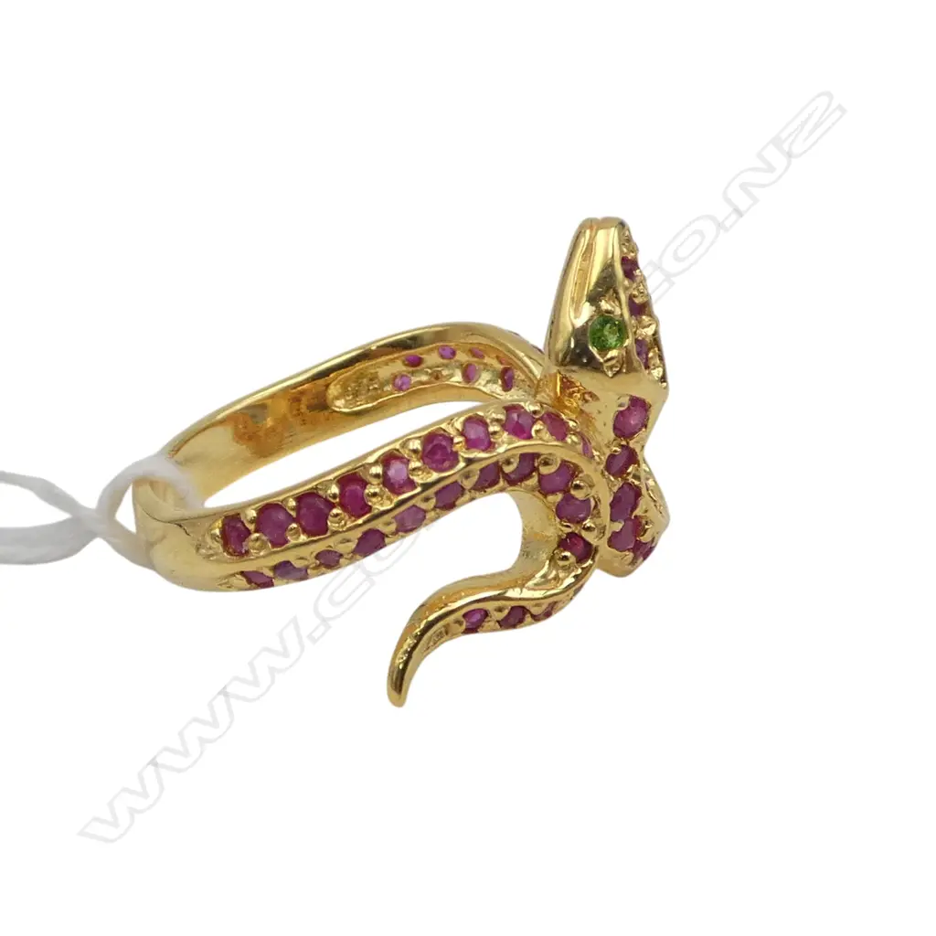 SILVER GILT RUBY (treated) AND EMERALD SNAKE RING SIZE S Image 1++