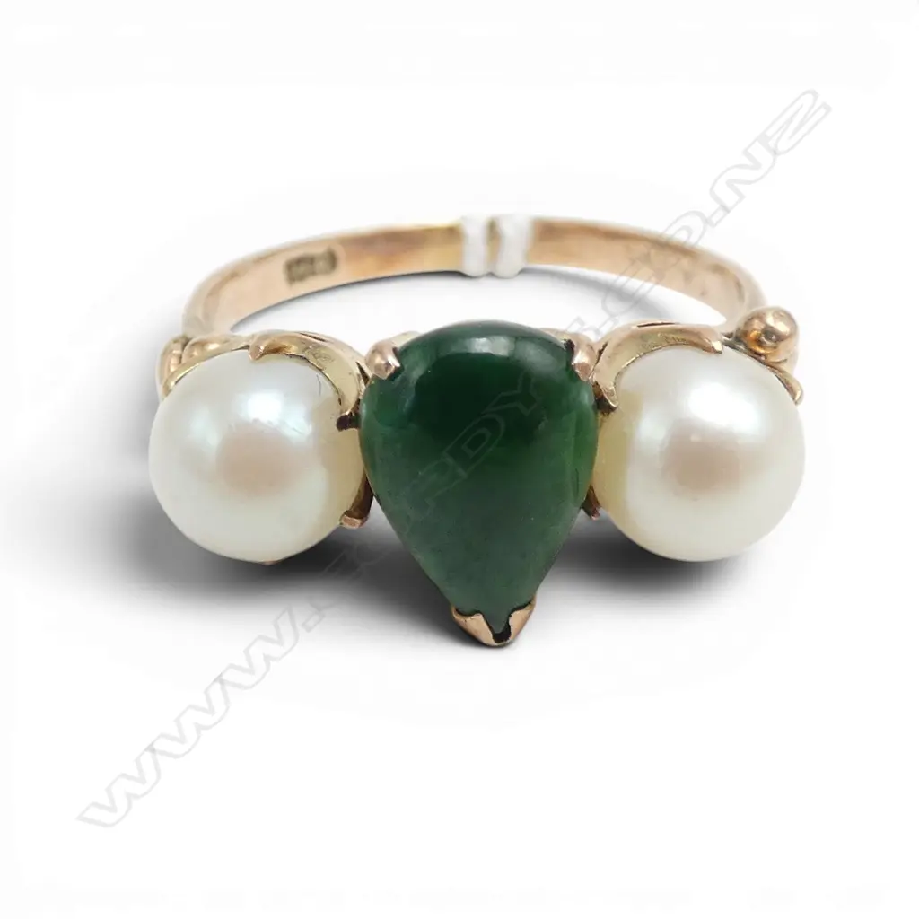 14CT ROSE GOLD POUNAMU AND PEARL RING 3.6gms (with valuation)SIZE Q Image 1++