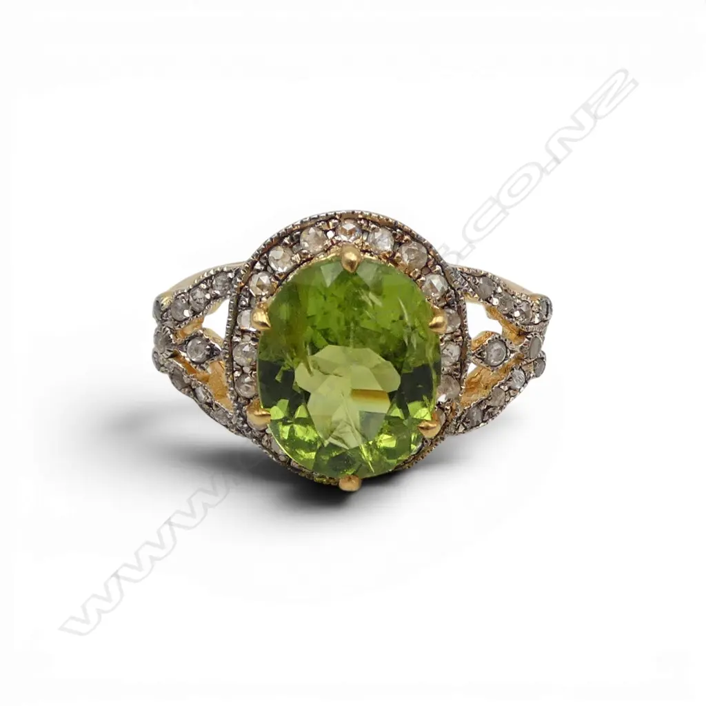 SILVER GILT PERIDOT AND ROSE CUT DIAMONDS RING SIZE N Image 1++