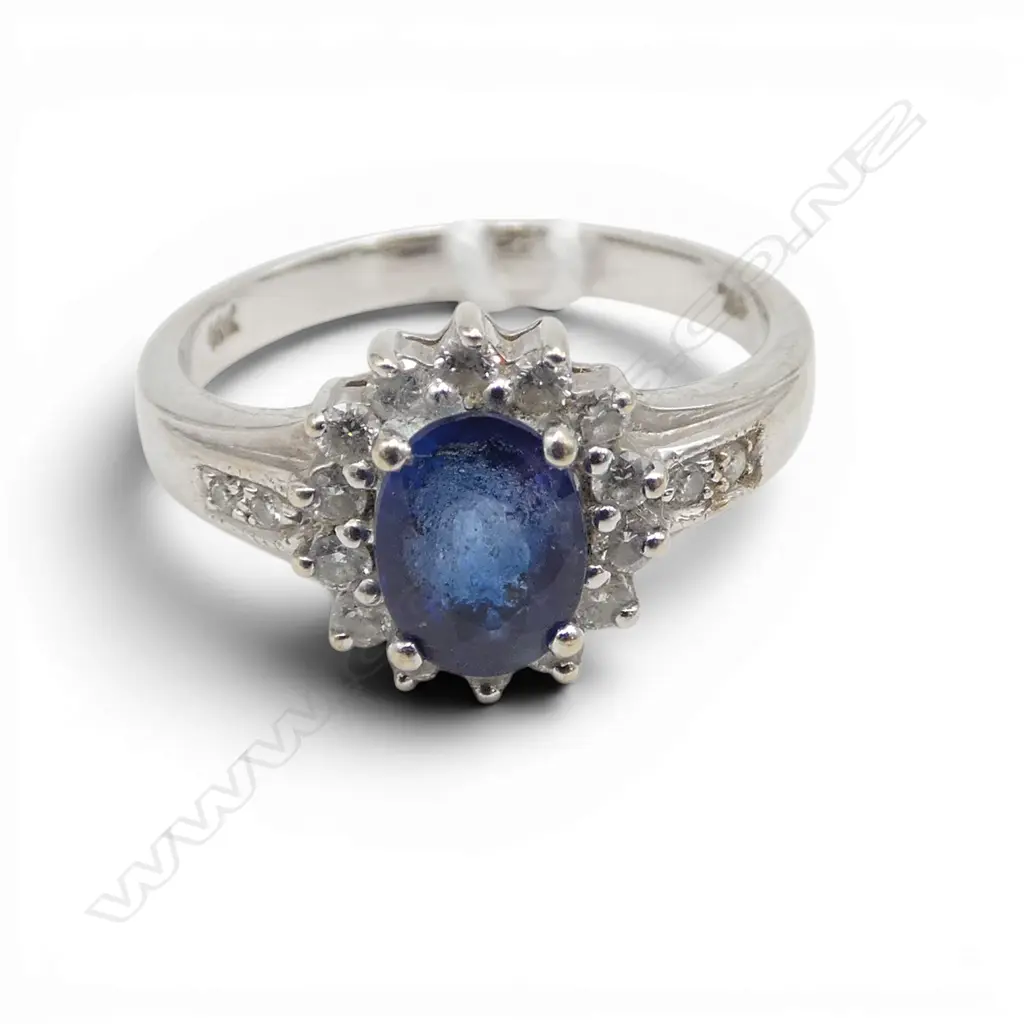 18ct W/GOLD SAPPHIRE & DIAMOND CLUSTER RING 3.64gms purchased Sri Lanka 2010 SIZE N Image 1++