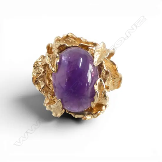 HAND MADE DESIGNER 14CT AMETHYST RING, 17.8gms SIZE J