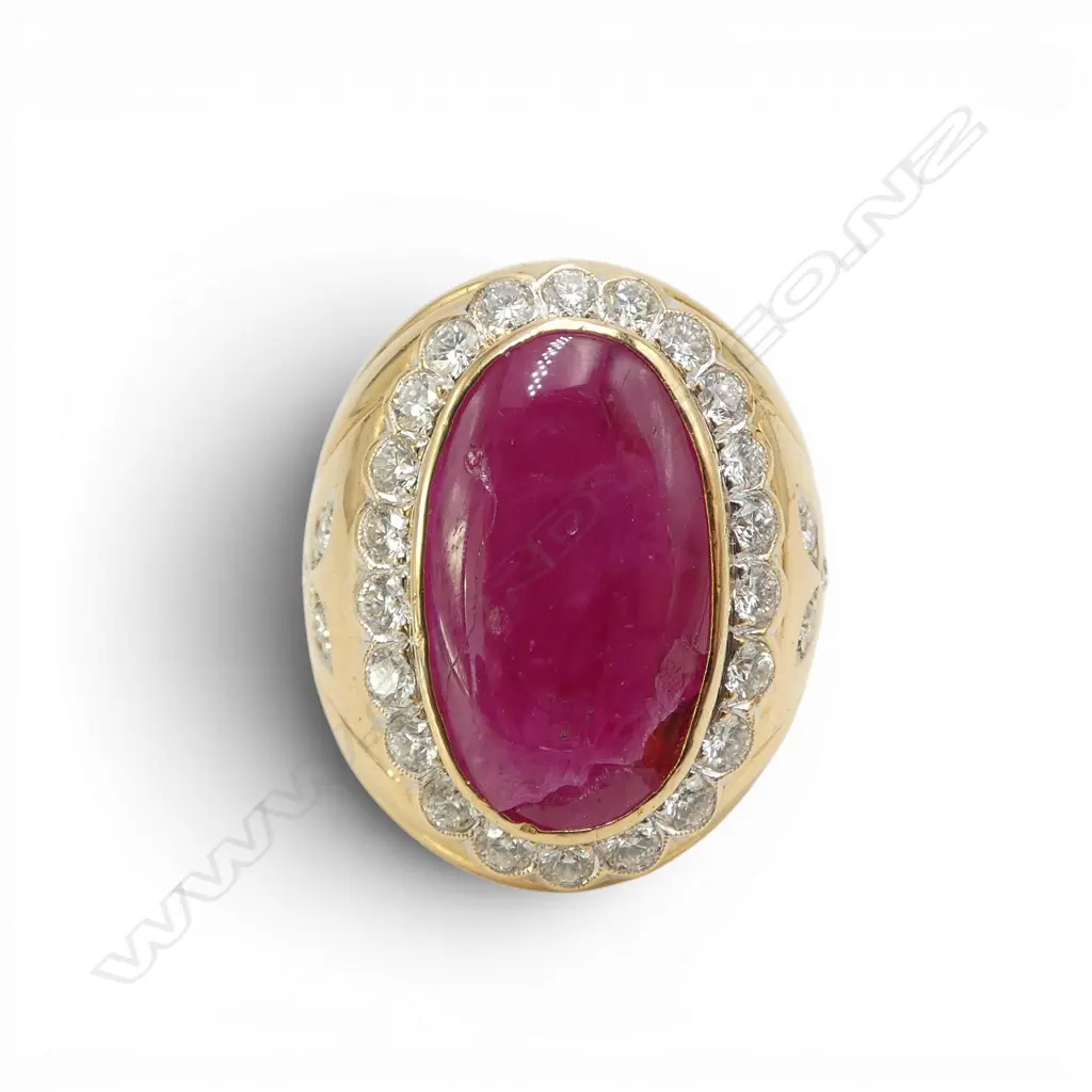 18ct gold and very large ruby (ruby faulted) and multi diamond (TDW. 2.2cts) ring. 24gms. SIZE X Image 1++