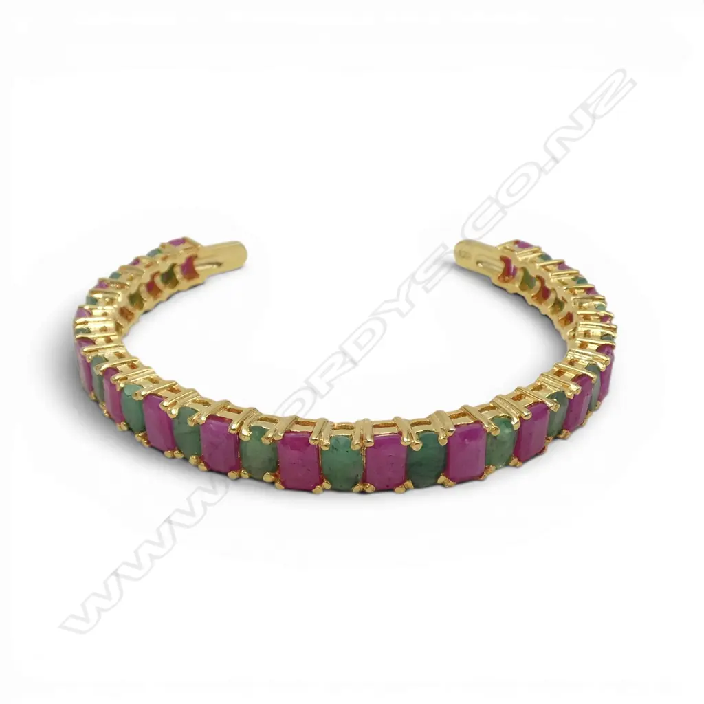SILVER GILT EMERALD/RUBY (treated) CUFF BANGLE (some stones chipped) Image 1++