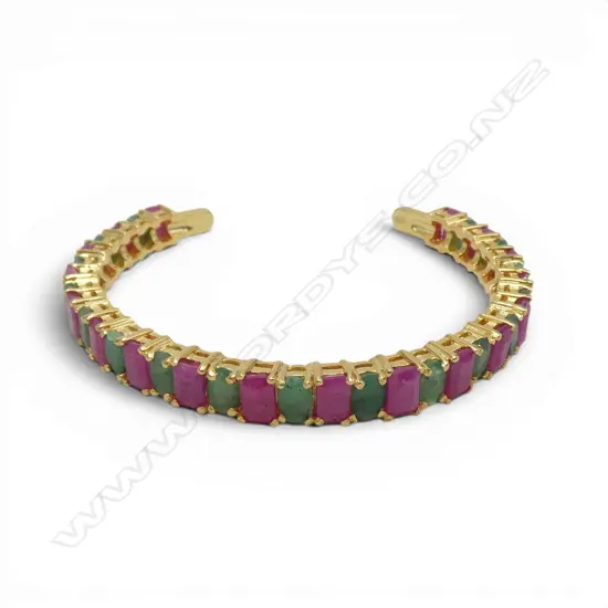 SILVER GILT EMERALD/RUBY (treated) CUFF BANGLE (some stones chipped)