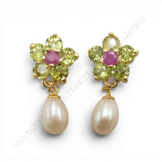 PAIR SILVER GILT PEARL/CHROME PERIDOT/RUBY (treated) EARRINGS