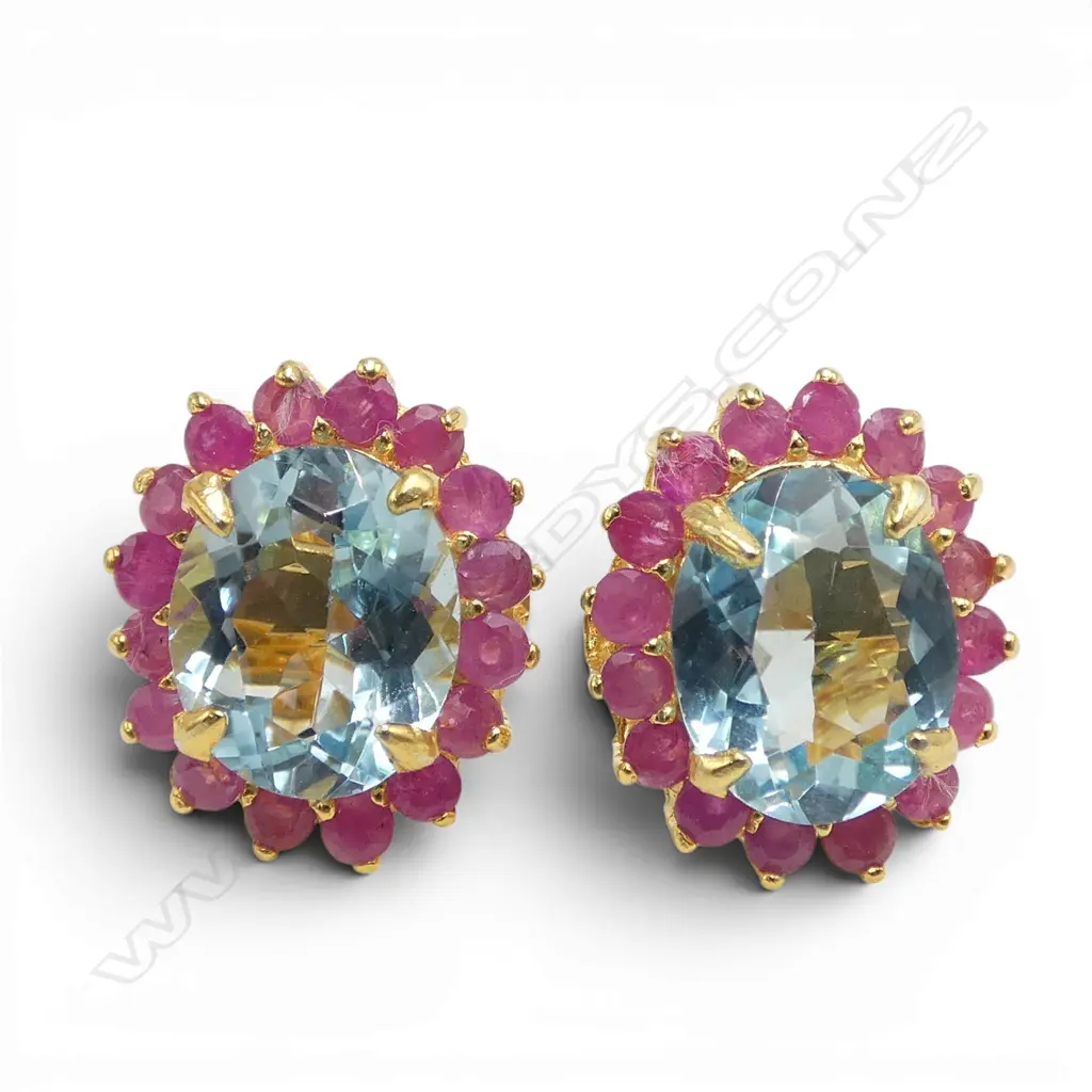 PAIR SILVER GILT BLUE TOPAZ/RUBY (treated) EARRINGS Image 1++