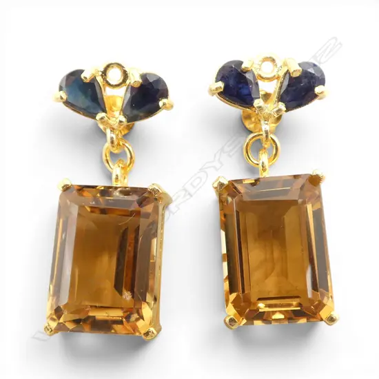 PAIR SILVER GILT CITRINE AND SAPPHIRE (treated) EARRINGS