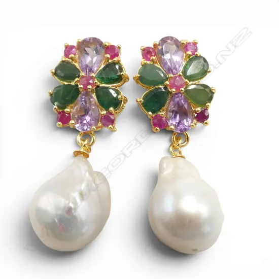 PAIR SILVER GILT BAROQUE PEARL/EMERALD/AMETHYST/RUBY (treated) EARRINGS
