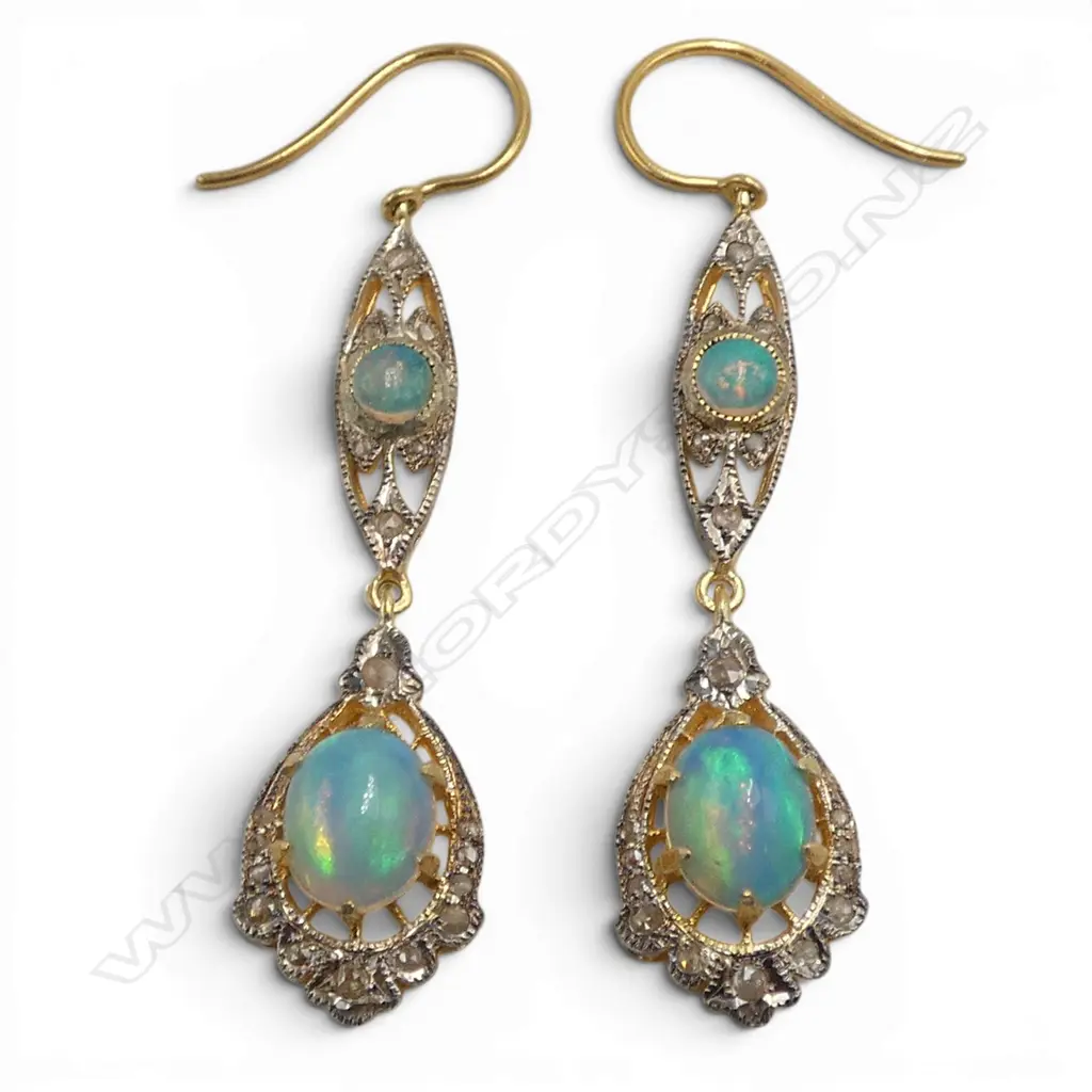 PAIR SILVER GILT ROSE DIAMONDS AND OPAL EARRINGS Image 1++