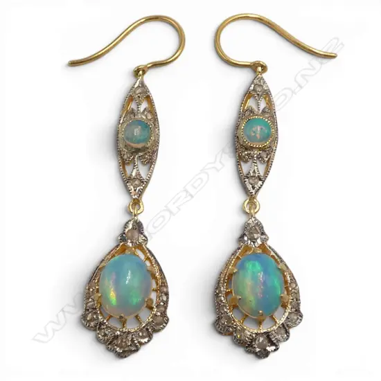PAIR SILVER GILT ROSE DIAMONDS AND OPAL EARRINGS