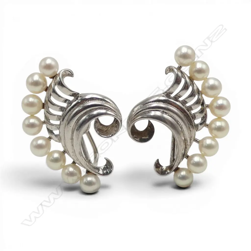 PAIR OF MIKIMOTO SILVER AND PEARL FAN STYLE EARRINGS (with Mikimoto mark to screw back) Image 1++