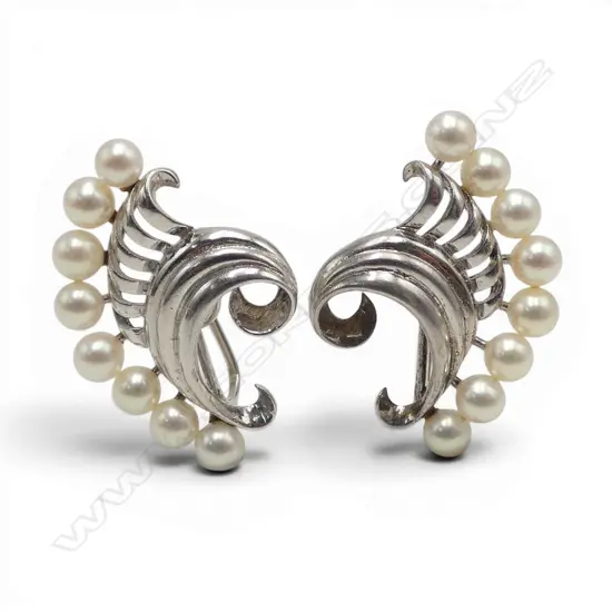 PAIR OF MIKIMOTO SILVER AND PEARL FAN STYLE EARRINGS (with Mikimoto mark to screw back)