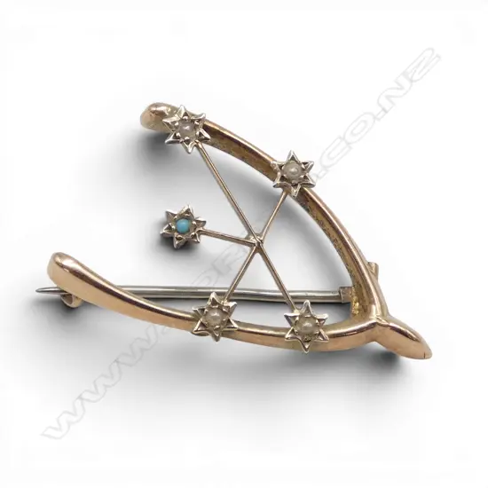 Edwardian 9ct gold & seed pearl & turquoise wishbone brooch 1.28gms