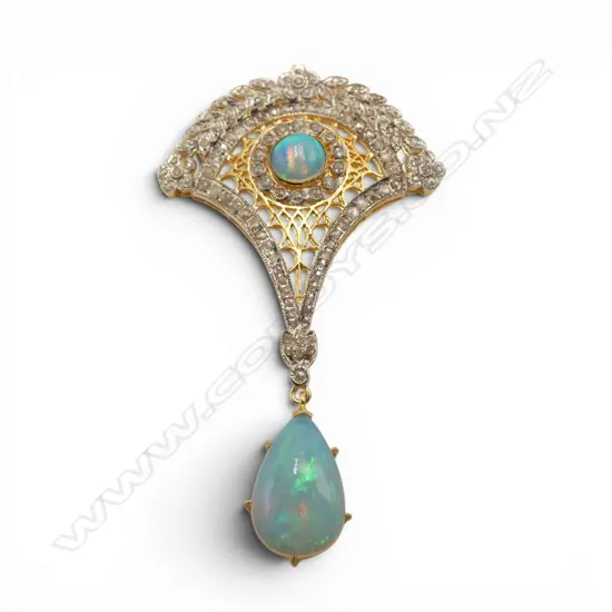 SILVER GILT ROSE CUT DIAMONDS OPAL PENDANT 14CT GOLD BALE