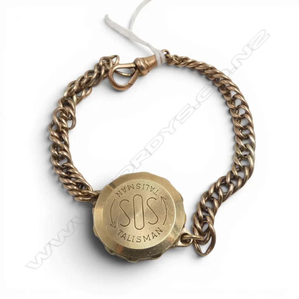 9CT 'SOS TALISMAN' BRACELET some wear. Top unscrews w persons details. gold weight 20gms Image 1++