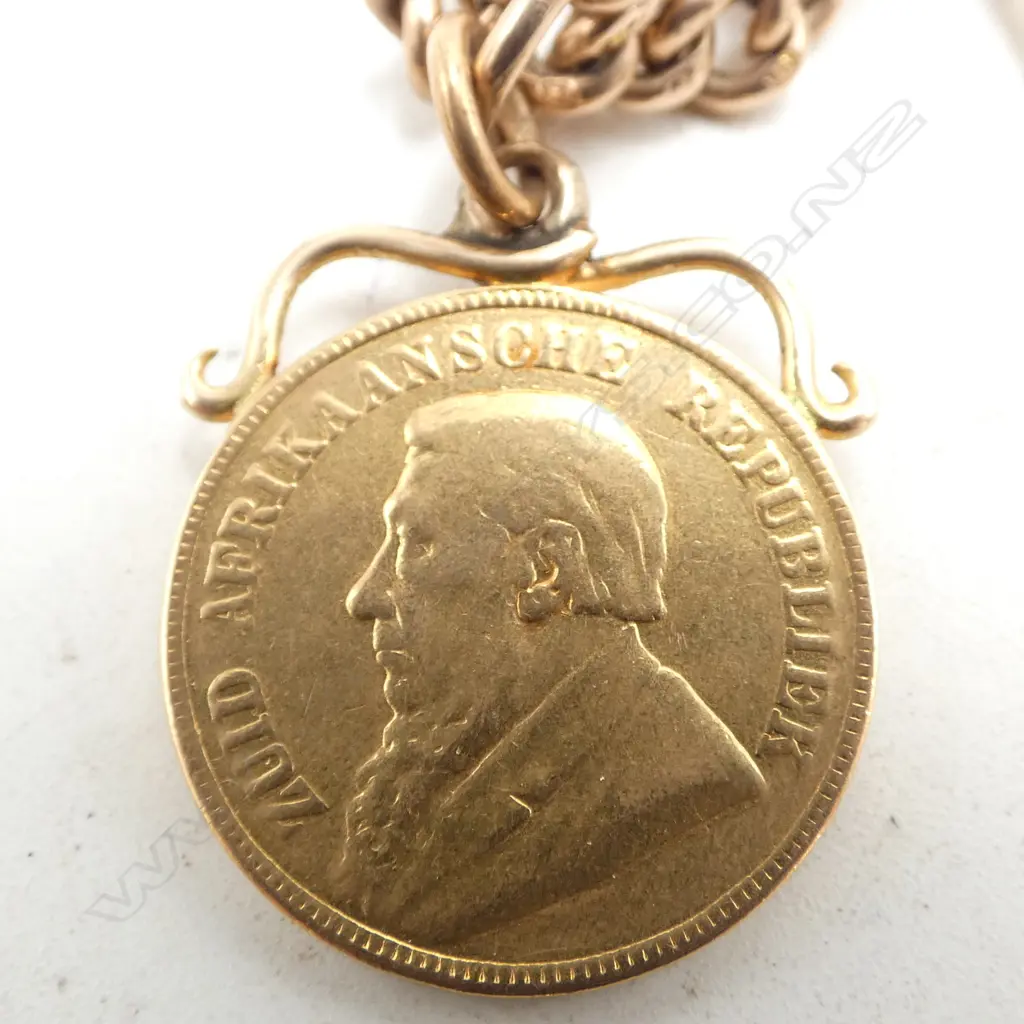 c.1900 9ct CURB LINK FOB CHAIN w. 1897 £1 (22ct. 7.98gms) COIN. 38.3gms total Image 1++
