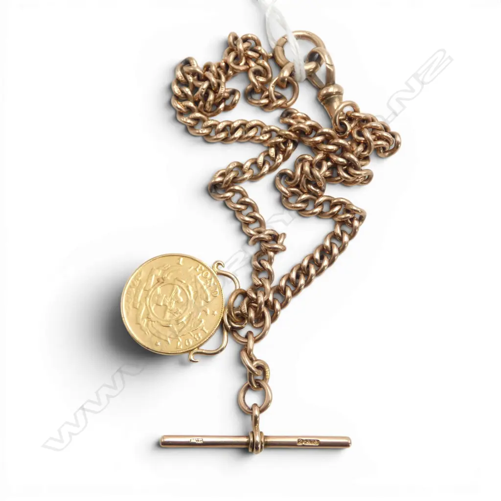 c.1900 9ct CURB LINK FOB CHAIN w. 1897 £1 (22ct. 7.98gms) COIN. 38.3gms total Image 1++