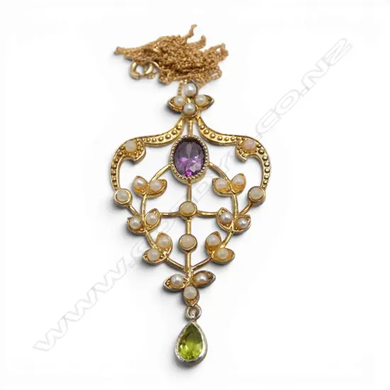 Edwardian style silver gilt  pendant ON 9ct GOLD CHAIN. Chain = 1.4gms