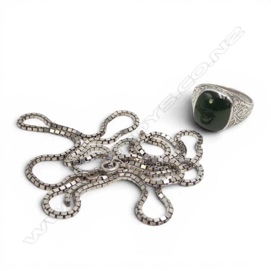 STG SILVER NECKLACE (needs repair) + STG SILVER POUNAMU RING 17.52gms Image 1++