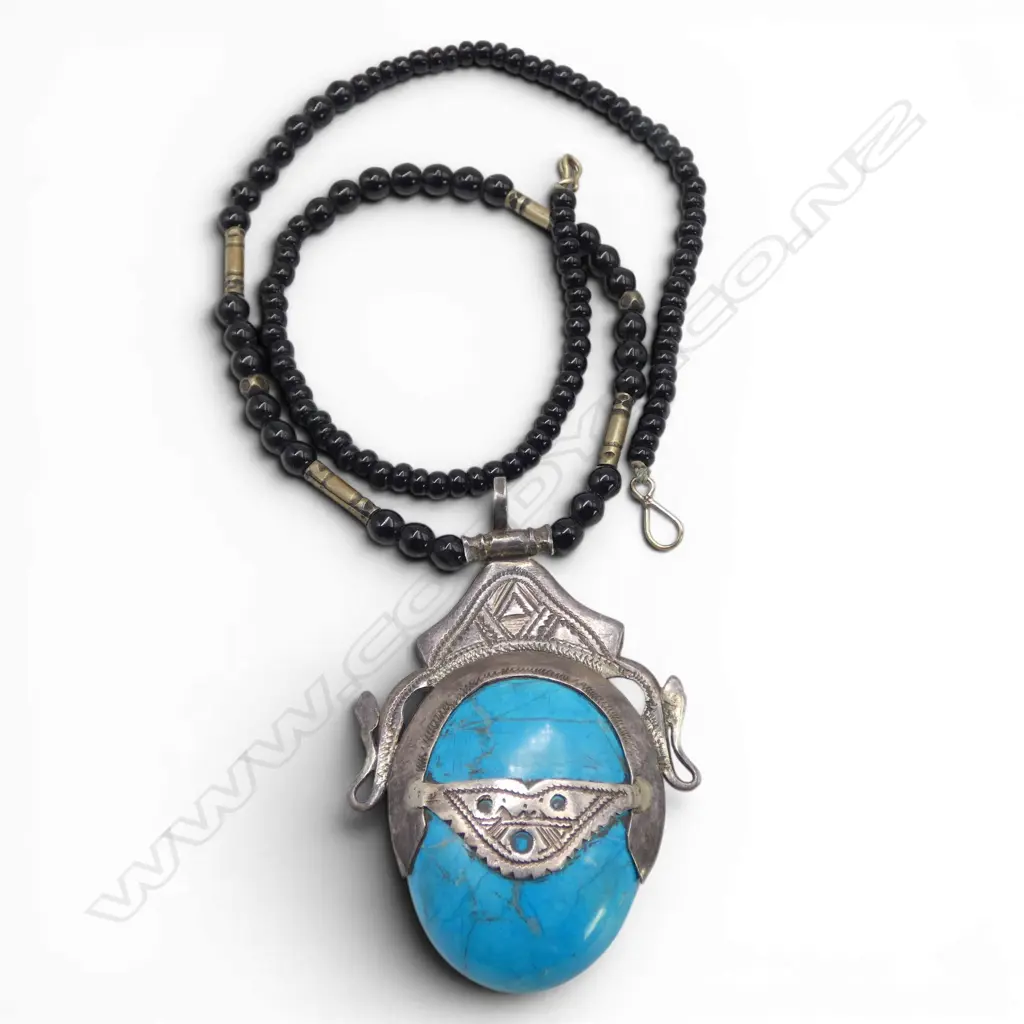 Morocco turquoise silver scarab type form pendant on onyx bead necklace  Image 1++