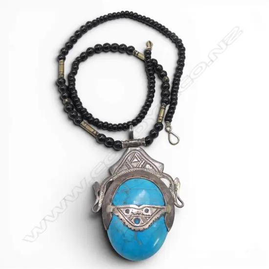 Morocco turquoise silver scarab type form pendant on onyx bead necklace 