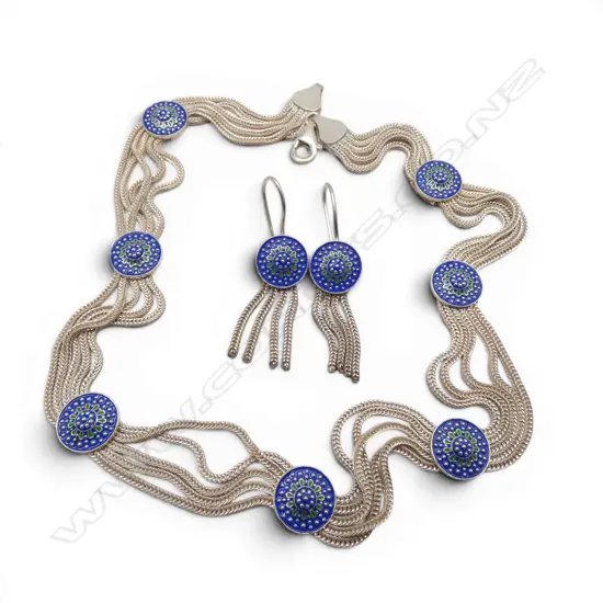 SILVER MULTI CHAIN NECK CHAIN with enamelled discs L.400mm + matching tassel EARRINGS. 40gms.