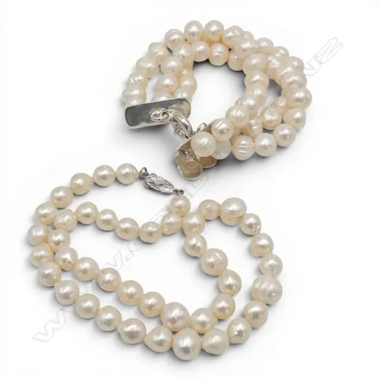 3-STRAND BAROQUE PEARL AND SILVER BRACELET AND  BAROQUE PEARL AND SILVER  NECKLACE (From the estate of Simon Misdale)