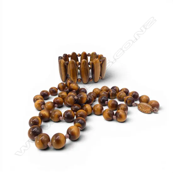 TIGERSEYE BRACELET + NECKLACE w. SILVER GILT CLASP L.660mm