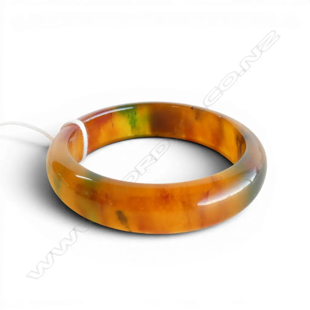 CHINESE JADE STAINED BANGLE orange/green/red brown. Outer diameter 78mm Image 1++