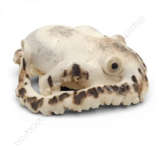 Fumio Noguchi (JAPANESE/NZ) CARVED OCTOPUS DEER ANTLER NETSUKE horn eyes. With card. L.50mm