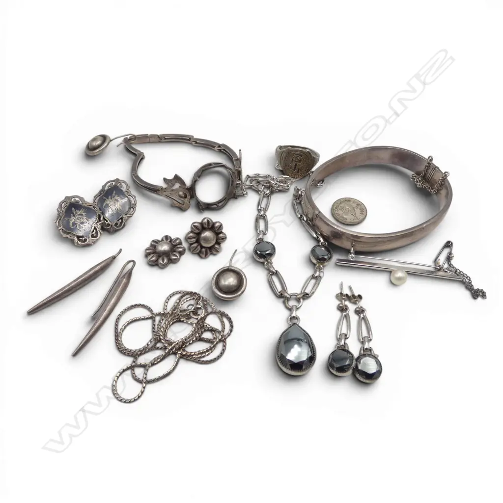 ASST SILVER JEWELLERY: hinged bangle + gem set necklace & earrings + others some damaged. 85gms Image 1++