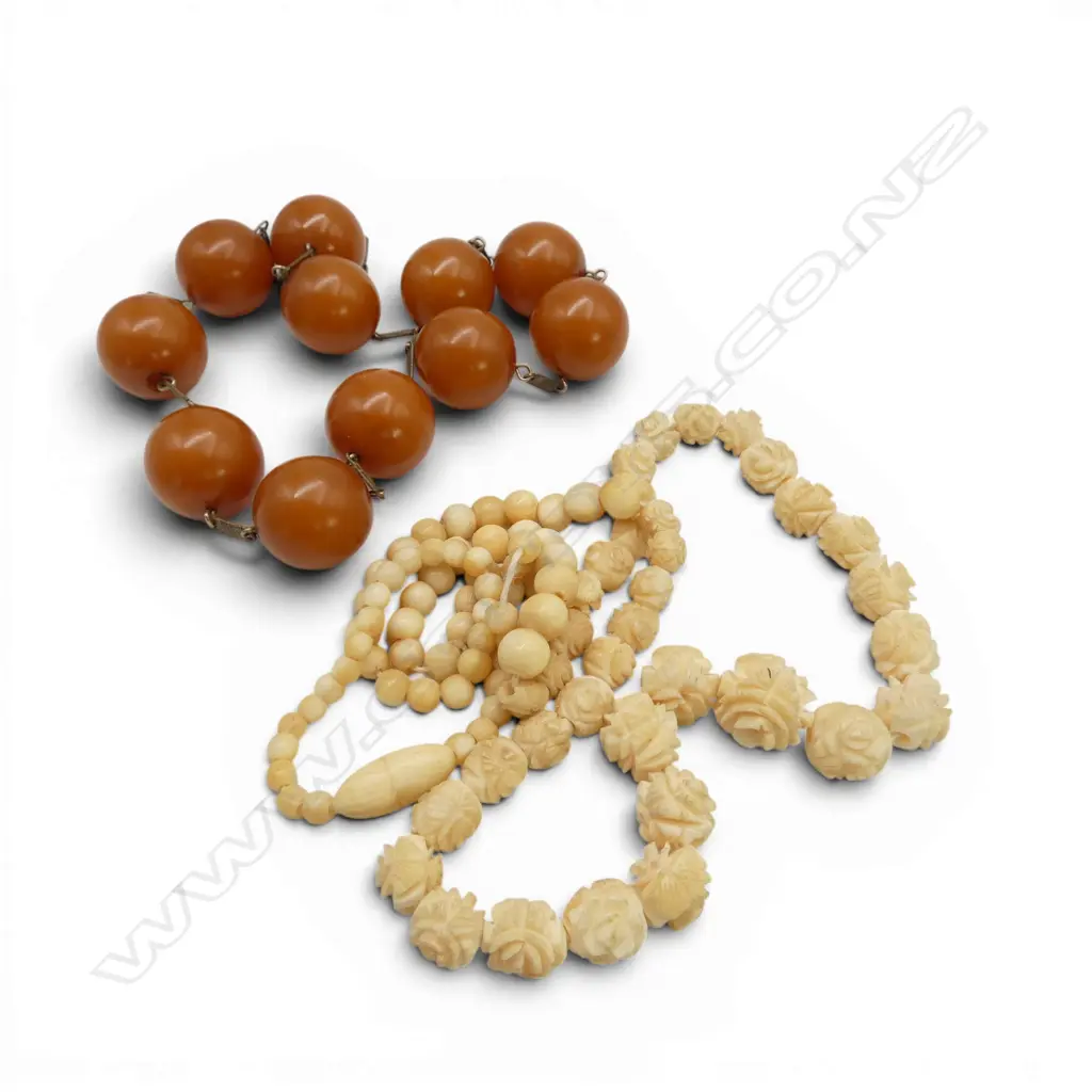 VINTAGE BONE & IVORY BEAD NECKLACE + OTHER FAUX AMBER & GILT Image 1++