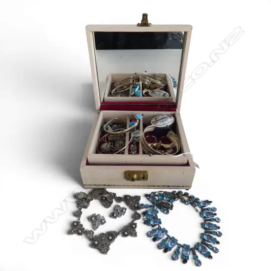JEWEL BOX FULL OF JEWELLERY: some silver some costume etc some faulted + enamel halcyon Days box