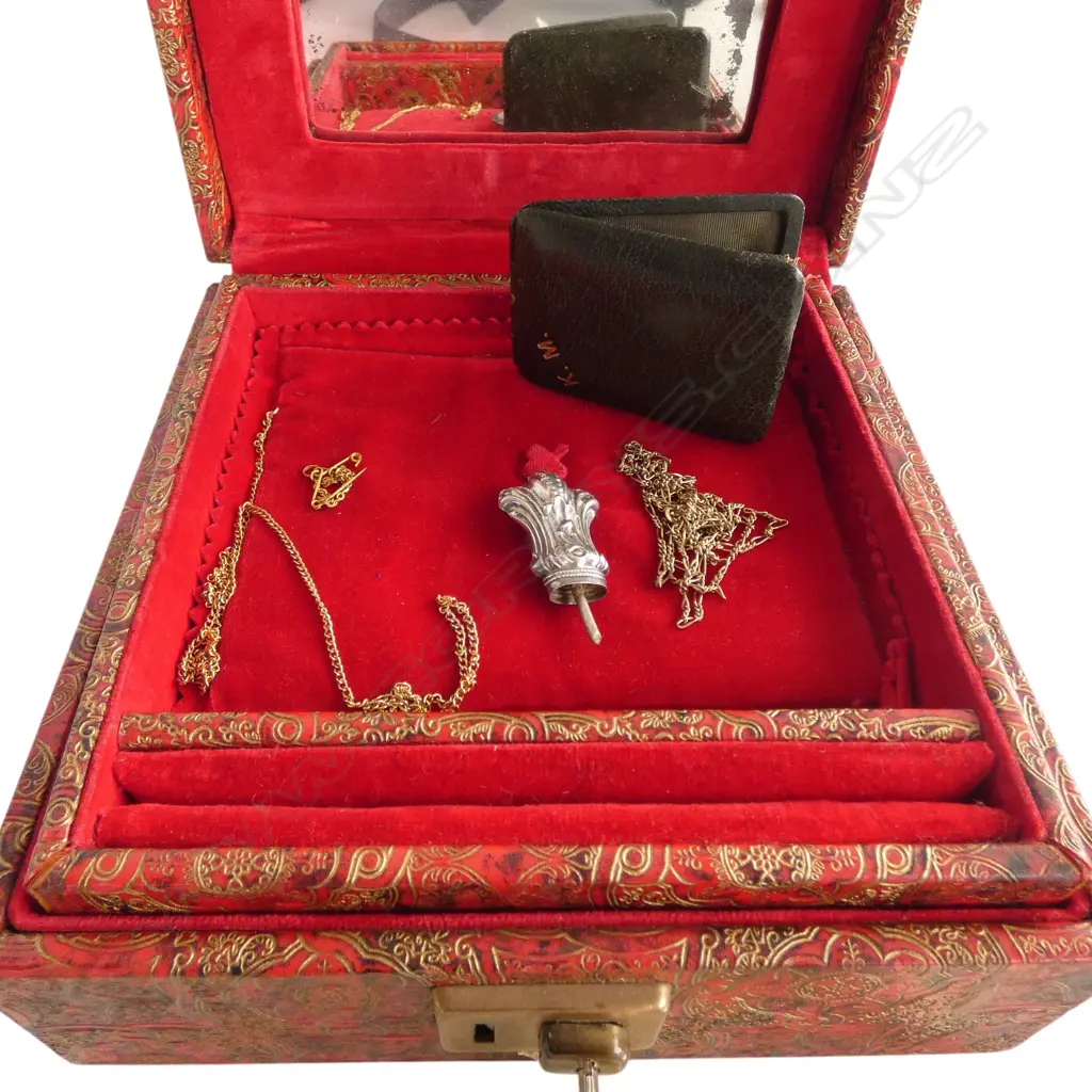 JEWEL BOX with internal tray & mirror + stg silver finial + 2 plated chains + faulted leather photo frame + EP cutlery  Image 1++