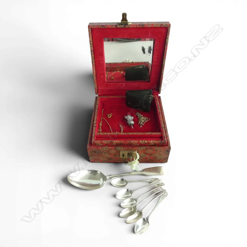 JEWEL BOX with internal tray & mirror + stg silver finial + 2 plated chains + faulted leather photo frame + EP cutlery  Image 1++